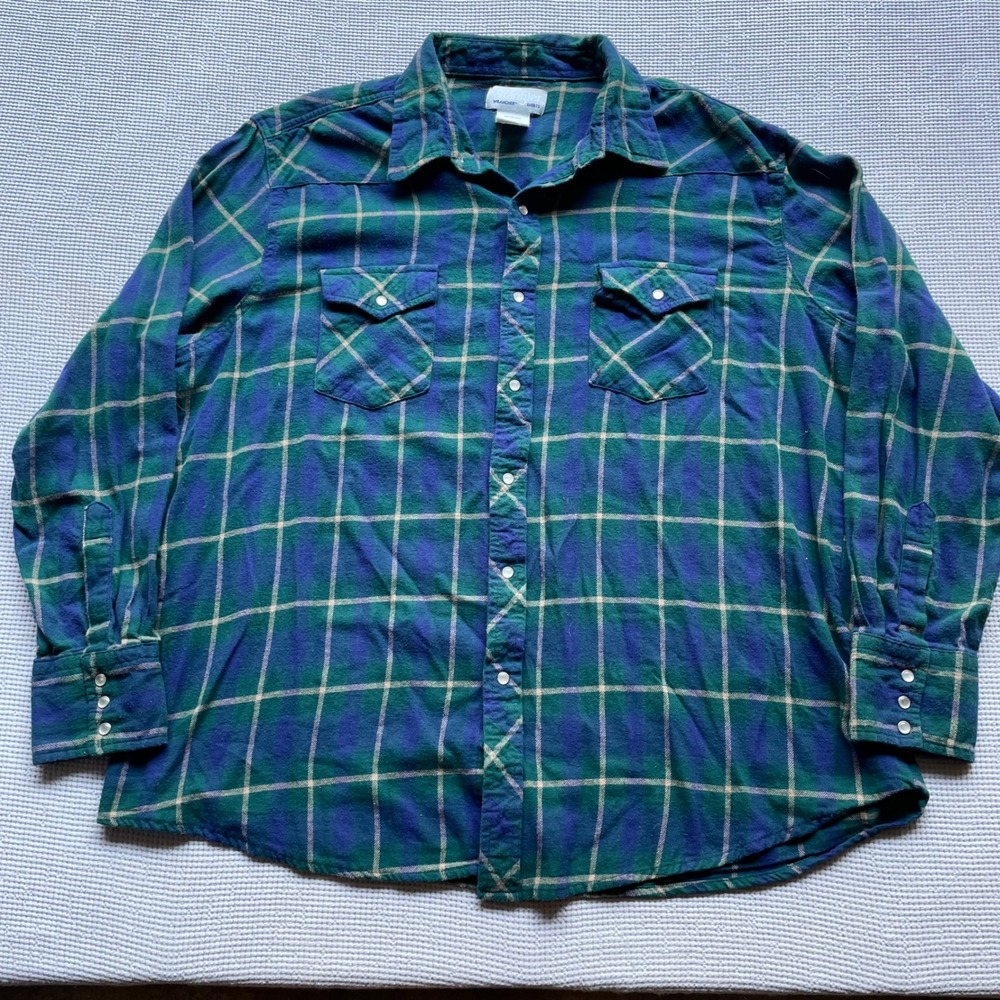 Wrangler Wrancher Mens XXL Green Blue Plaid Flannel Western Snap Shirt MTSC068